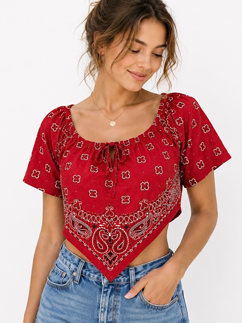 725 Originals Red Paisley Bandana Crop Top Size Small
